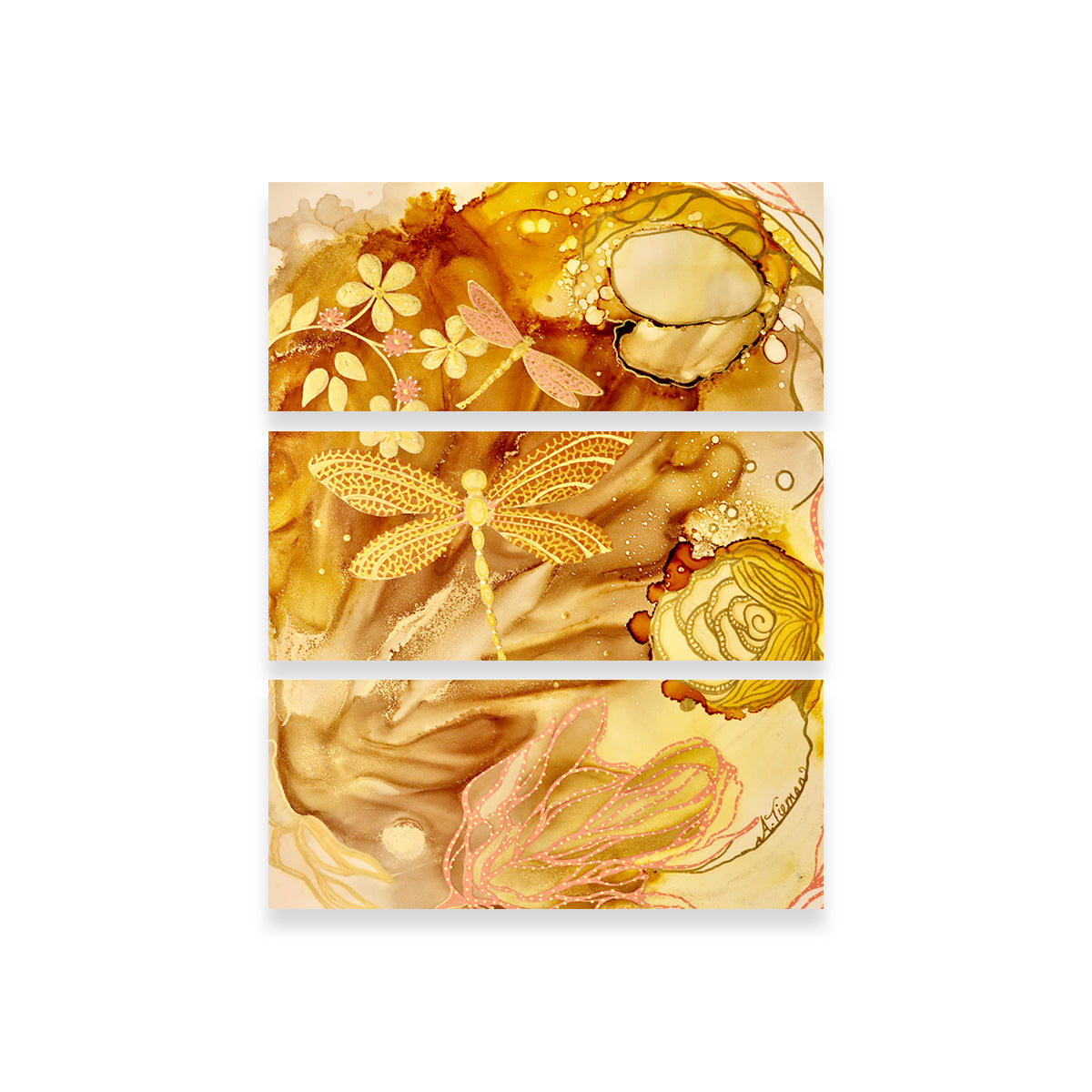 Stunning Golden Dragonflies Wall Art by Amy Tieman