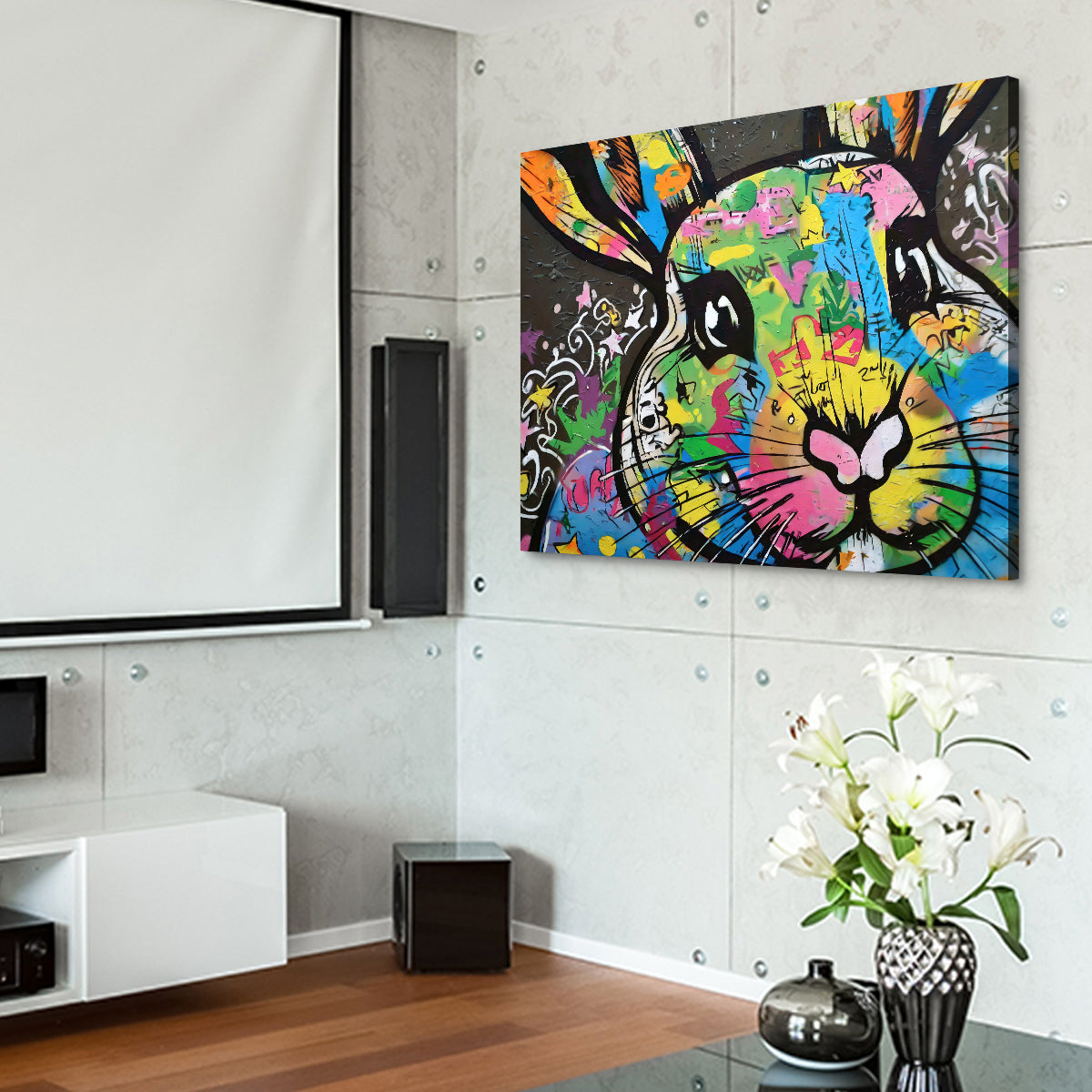 Eye - catching Rabbit Graffiti Wall Art by Stephen Chambers