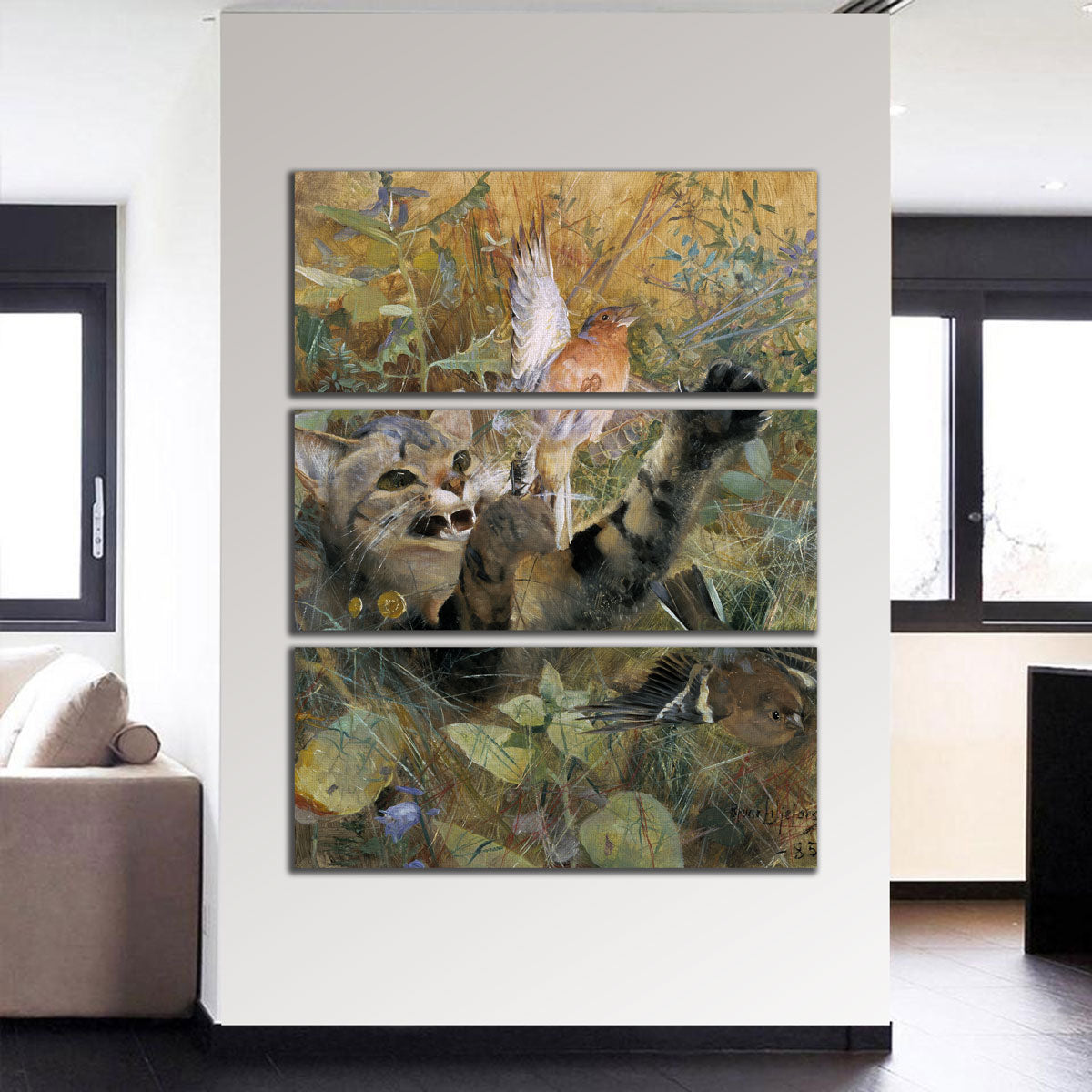 Stunning A Cat and a Chaffinch Wall Art by Bruno Liljefors