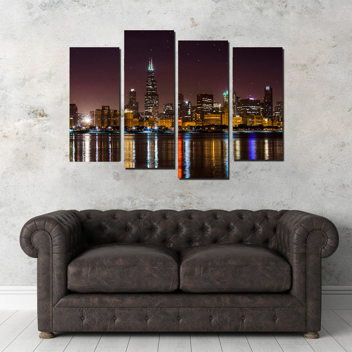 Stunning Chicago Skyline at Night Wall Art for Home Decor