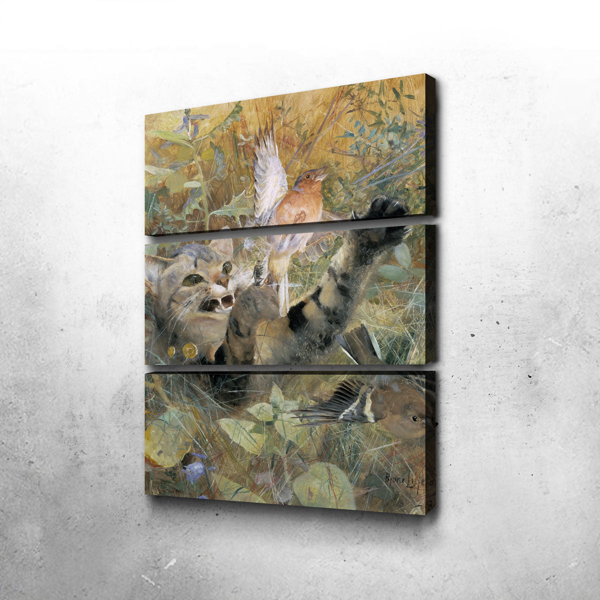 Stunning A Cat and a Chaffinch Wall Art by Bruno Liljefors