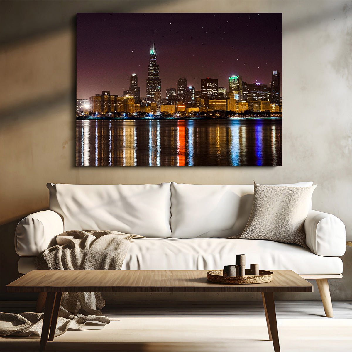 Stunning Chicago Skyline at Night Wall Art for Home Decor