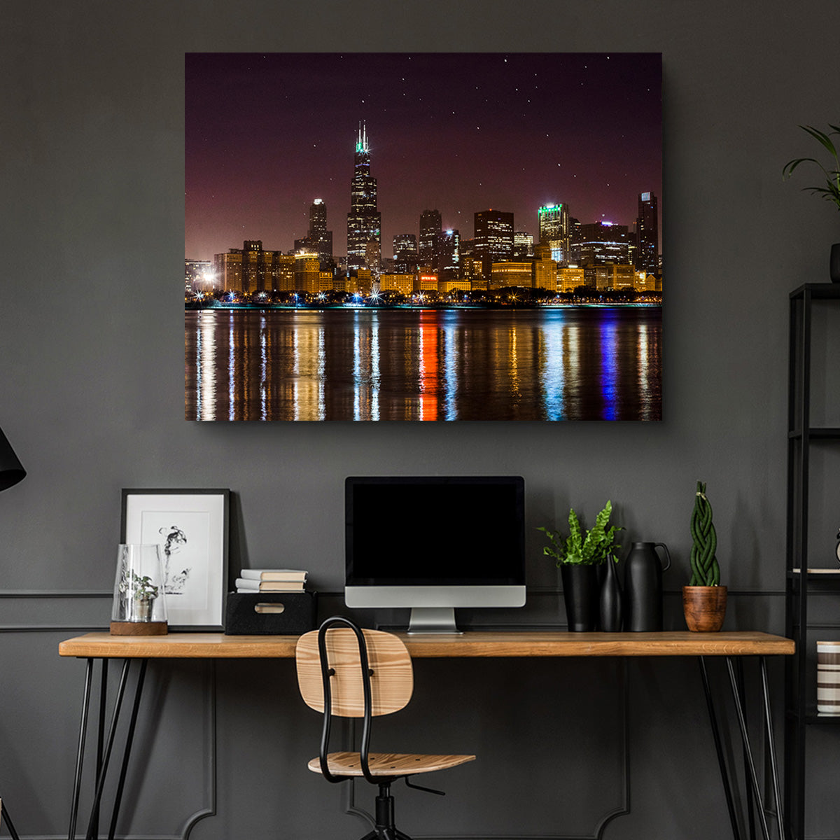 Stunning Chicago Skyline at Night Wall Art for Home Decor