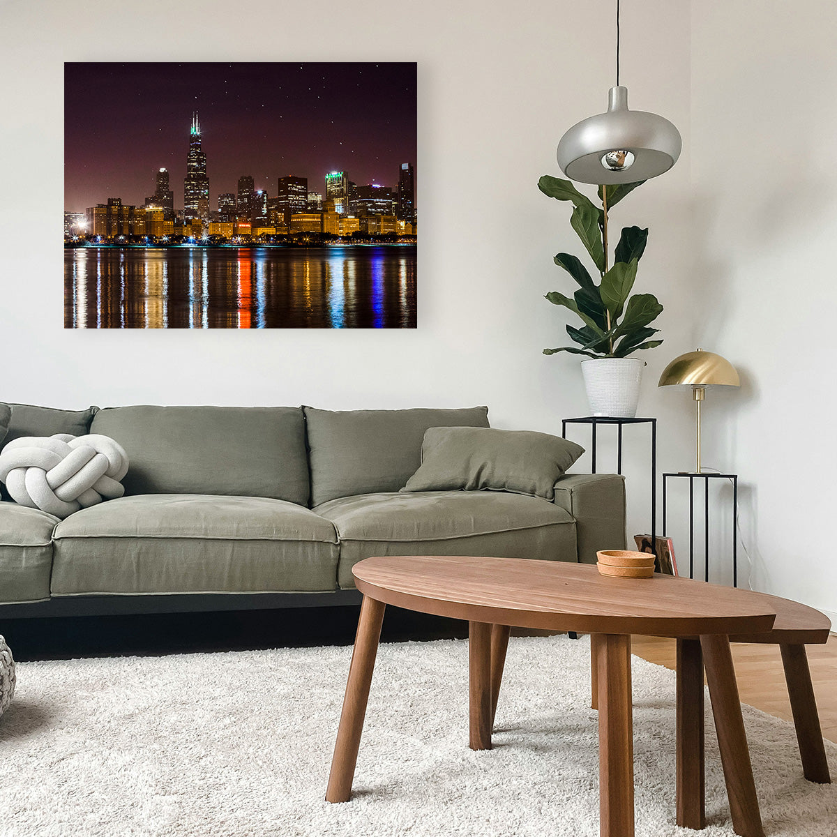 Stunning Chicago Skyline at Night Wall Art for Home Decor