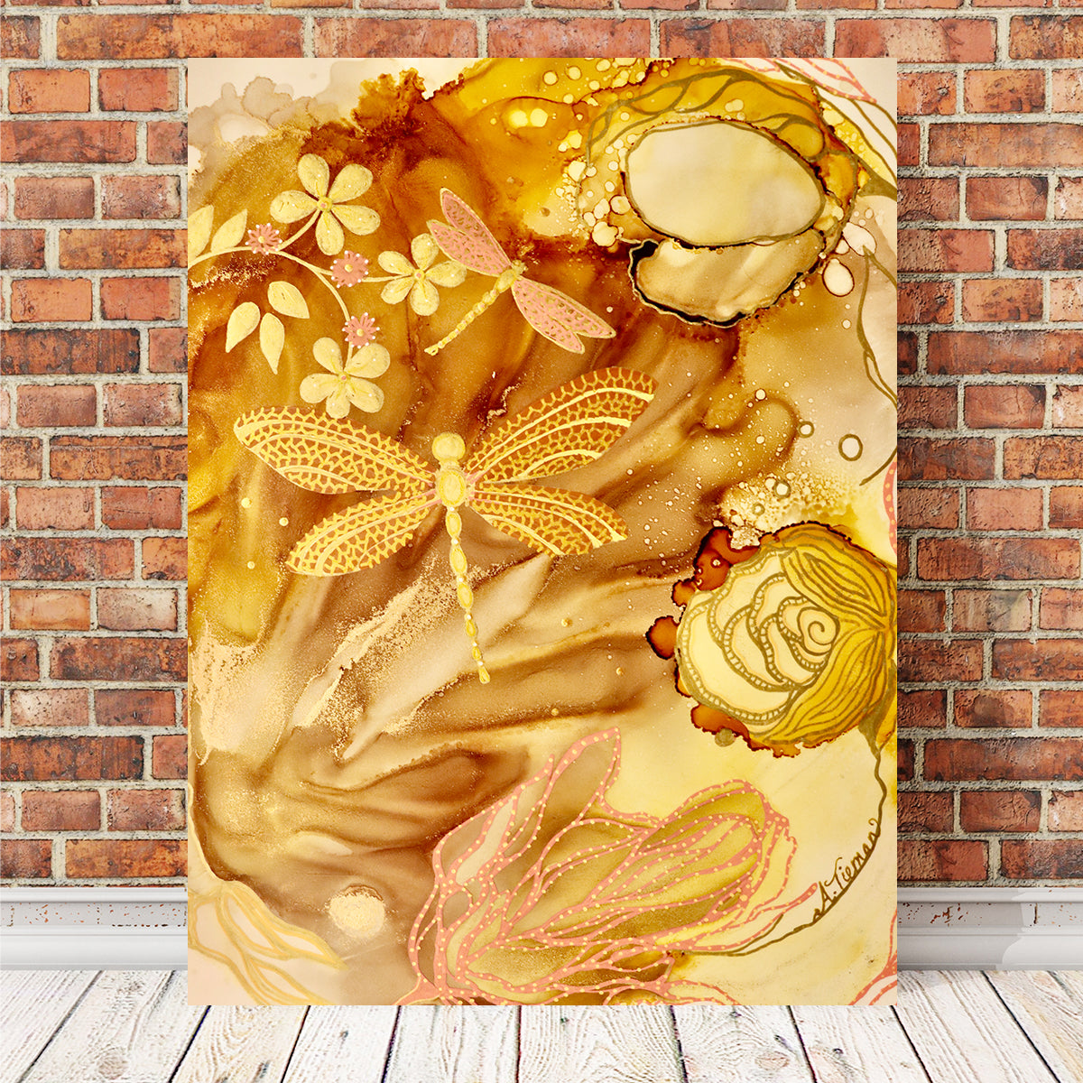 Stunning Golden Dragonflies Wall Art by Amy Tieman