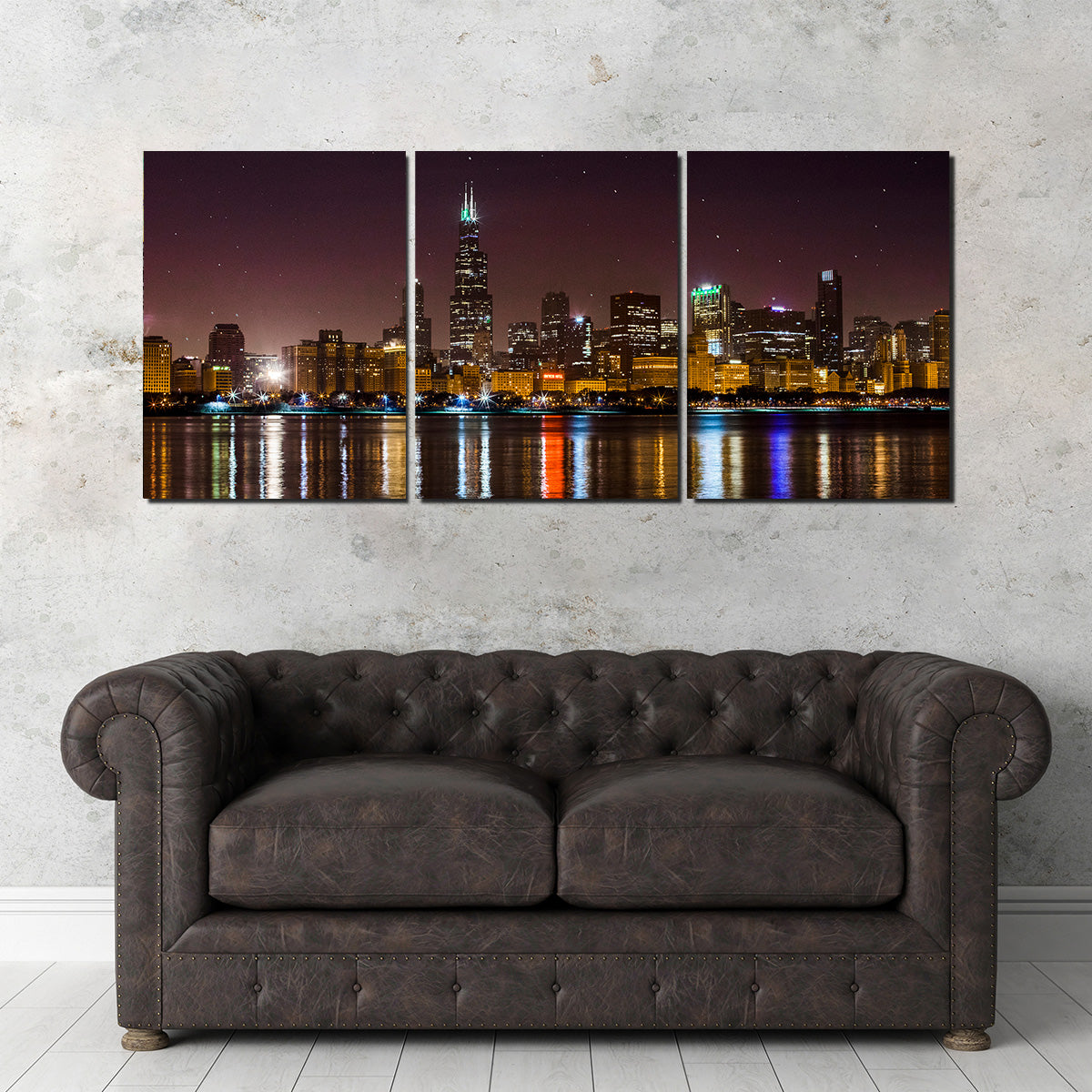 Stunning Chicago Skyline at Night Wall Art for Home Decor