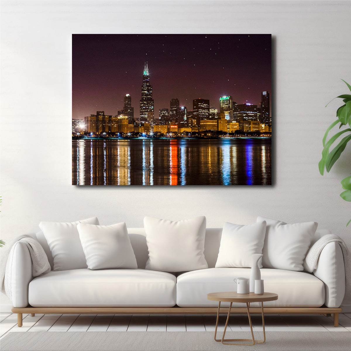 Stunning Chicago Skyline at Night Wall Art for Home Decor