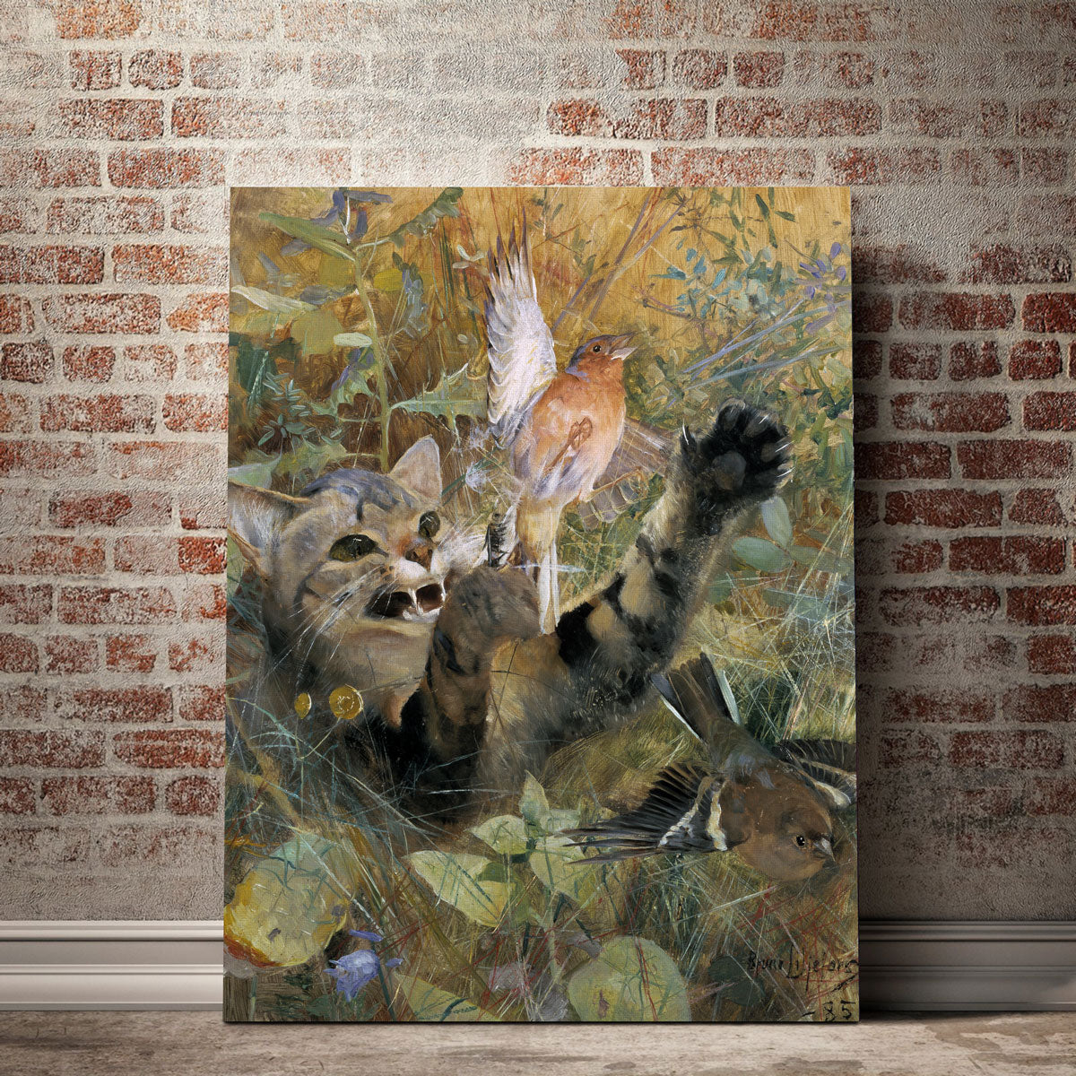 Stunning A Cat and a Chaffinch Wall Art by Bruno Liljefors