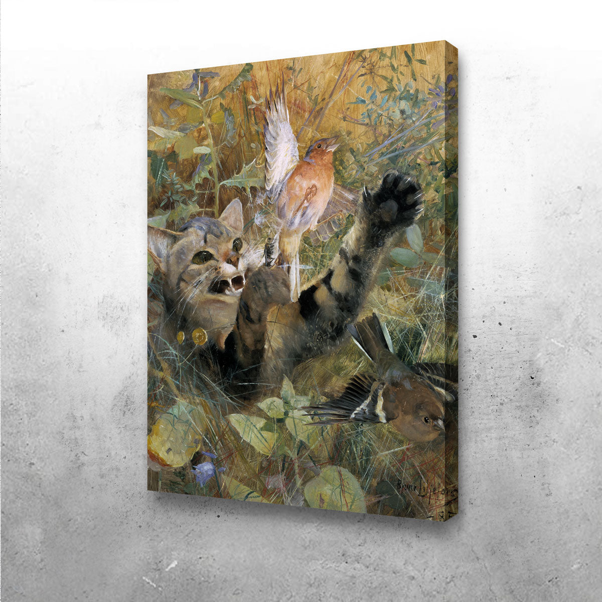 Stunning A Cat and a Chaffinch Wall Art by Bruno Liljefors