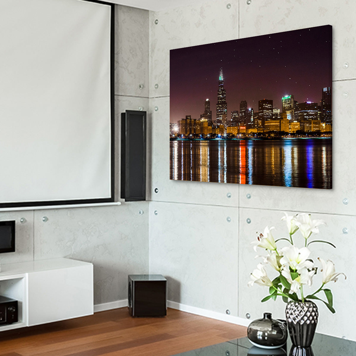 Stunning Chicago Skyline at Night Wall Art for Home Decor