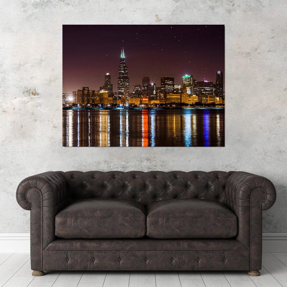 Stunning Chicago Skyline at Night Wall Art for Home Decor