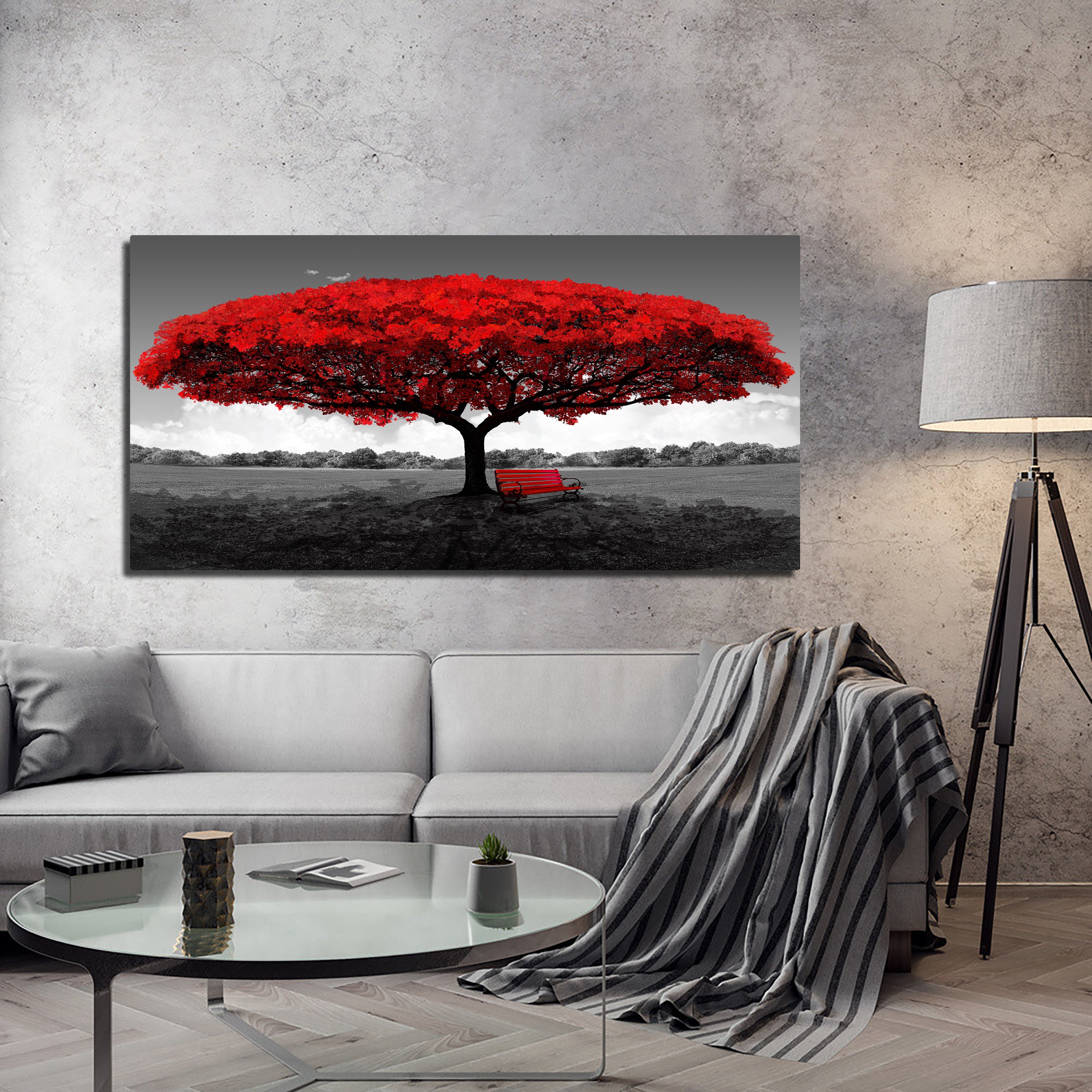 Vibrant Red Tree Panoramic Wall Art for Stunning Home Decor