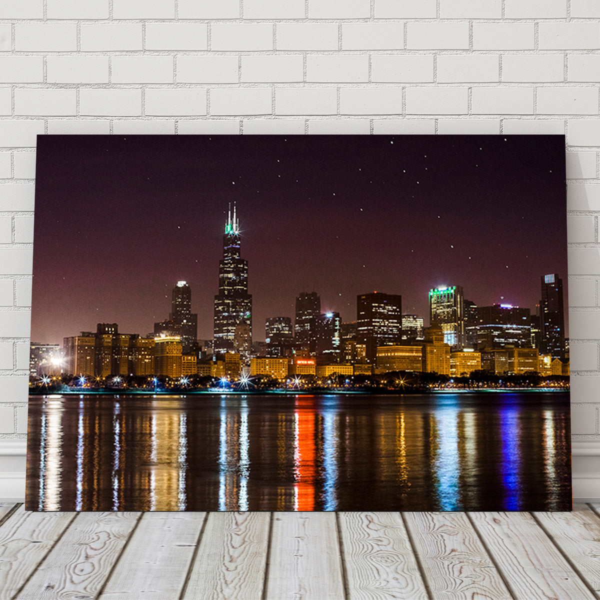 Stunning Chicago Skyline at Night Wall Art for Home Decor